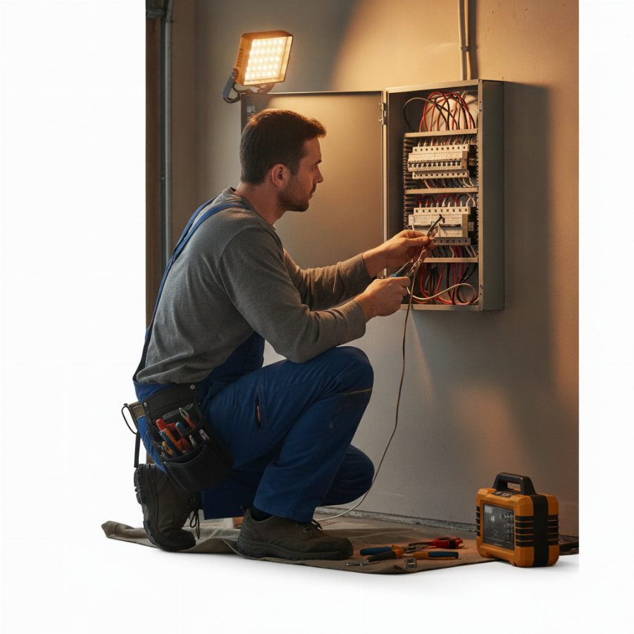 An electrician crouched at an open breaker panel inside a garage, focused expression, work light casting a warm glow on the wall